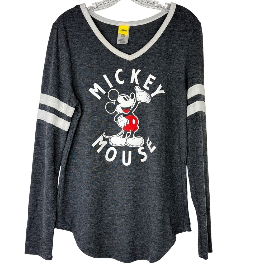 Disney Mickey Mouse Long Sleeve Graphic V-Neck Varsity Tee Grey Juniors L